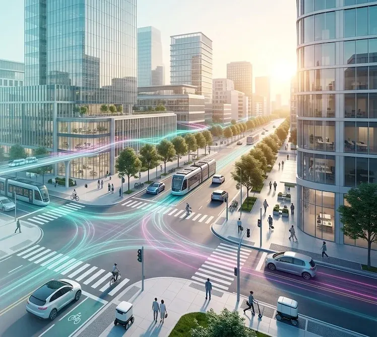 City street with autonomous vehicles and glowing sensor data trails, an example of smart building technology and edge ai use cases